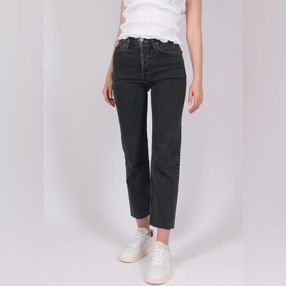 RE/DONE 70's Stove Pipe Jeans Stoned Noir 25 Denim Button Fly High Rise